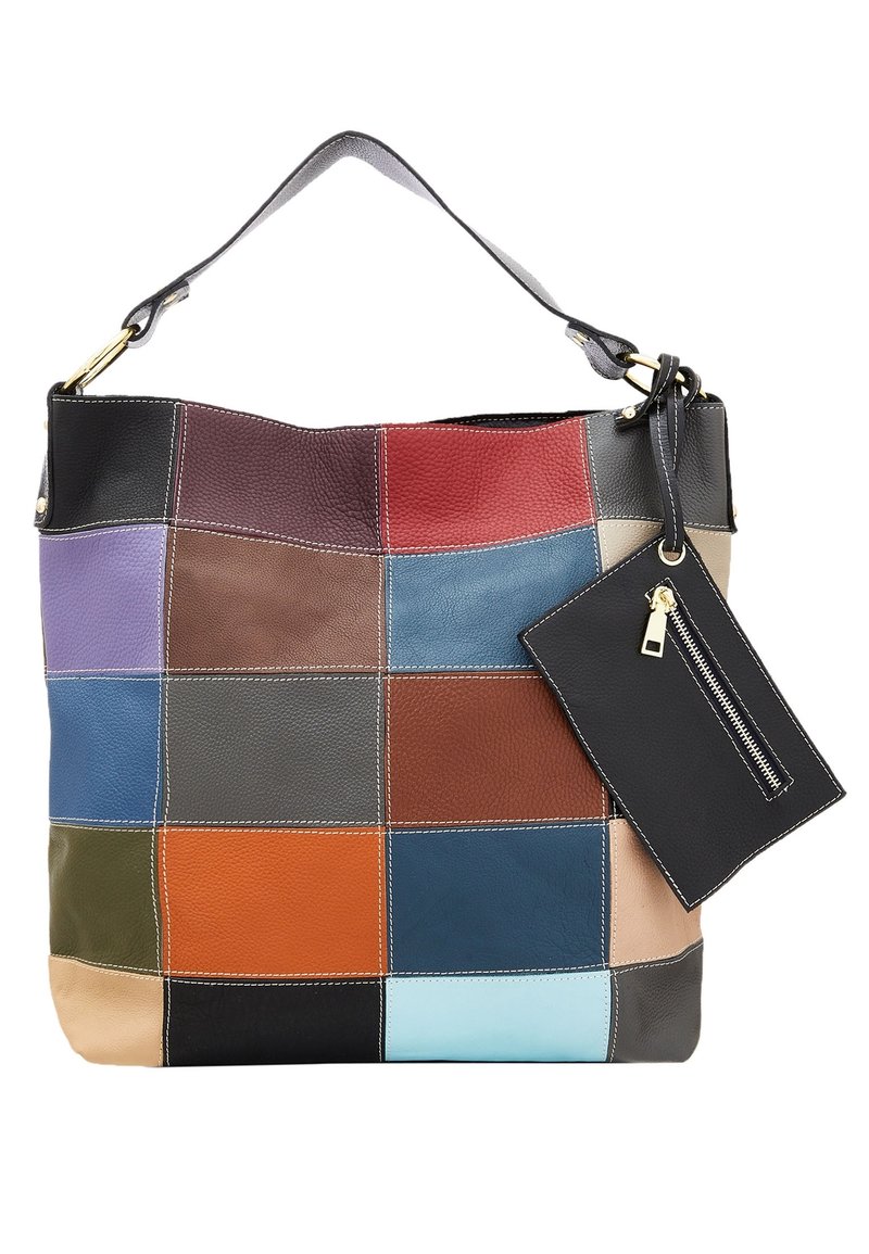 Sac en cuir avec un design patchwork comprenant des carrés de différentes couleurs, y compris bleu, rouge, marron et noir. Comprend un portefeuille détachable.