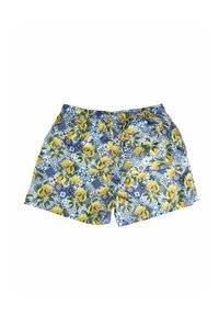 Costumi da bagno colorati con un motivo di limoni e fiori, su uno sfondo blu. Realizzati in tessuto leggero con una cintura elastica.