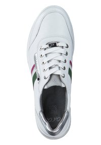 White athletic shoe with a textured leather upper, featuring green and purple stripes, silver accents, and white laces on a padded sole.