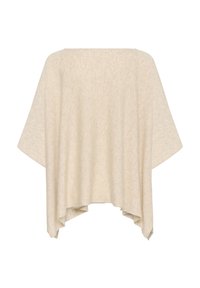 Bežs oversized pončo stila tops, izgatavots no teksturēta adījuma, ar platām piedurknēm un asimetrisku apakšmalu.