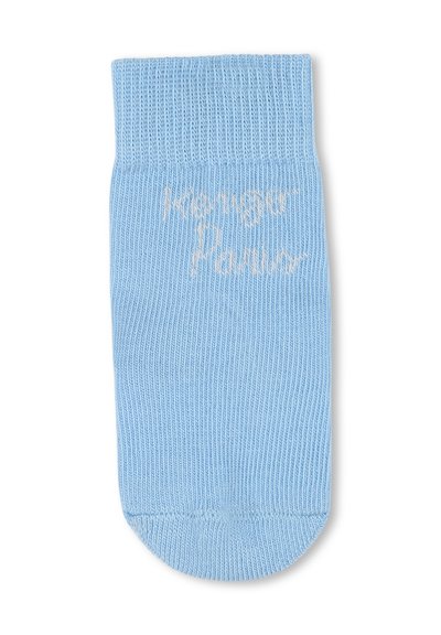 Chaussette en coton bleu clair avec texture côtelée, ornée du texte brodé blanc "Kangarou Paris" sur le côté. Bout arrondi et revers.