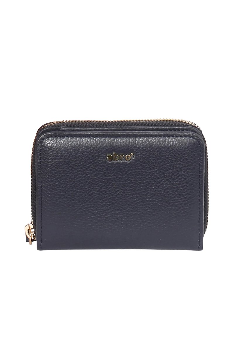 Navy leather wallet with textured finish, gold-tone logo on front, and zip closure. Compact rectangular shape with rounded edges.