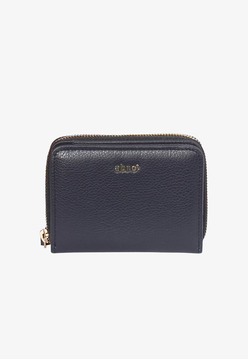 Marineblaues Lederportemonnaie mit strukturierter Oberfläche, goldfarbigem Logo auf der Vorderseite und Reißverschluss. Kompakte rechteckige Form mit abgerundeten Kanten.