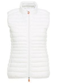 White sleeveless puffer vest with quilted design, high collar, and front zipper. Features an orange zipper pull at the bottom.