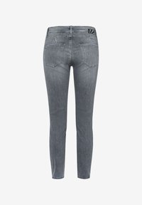 Jean slim gris en denim vu de dos avec deux poches et un petit logo noir sur la ceinture.