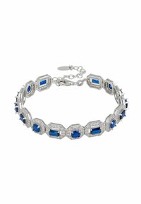 Silver bracelet featuring octagonal and rectangular blue gemstones, interspersed with small clear rhinestones, secured with a clasp.