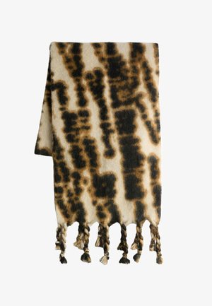 Wollwurf mit einem beigen und dunkelbraunen Leopardenmuster. Verfügt über geflochtene Quasten am unteren Rand, die Textur und Details hinzufügen.