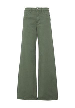 Pantalons larges en coton de couleur olive, avec une taille mi-haute, des poches avant et une fermeture à bouton simple. Texture lisse.