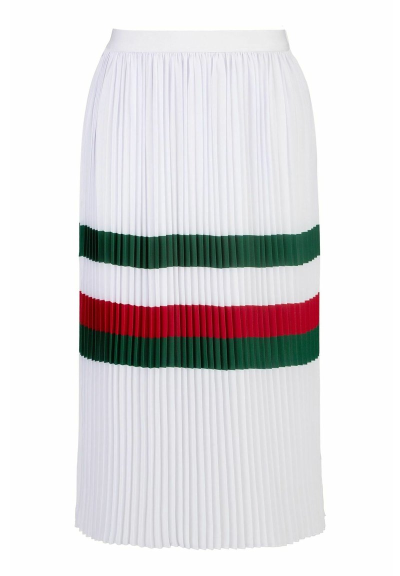 Faltender Midirock in Weiß mit grünen und roten horizontalen Streifen. Elastischer Bund, strukturierter Stoff, glatte Oberfläche und geschichtetes Design.