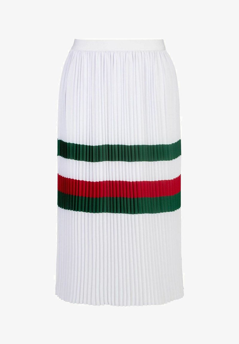 Faltender Midirock in Weiß mit grünen und roten horizontalen Streifen. Elastischer Bund, strukturierter Stoff, glatte Oberfläche und geschichtetes Design.