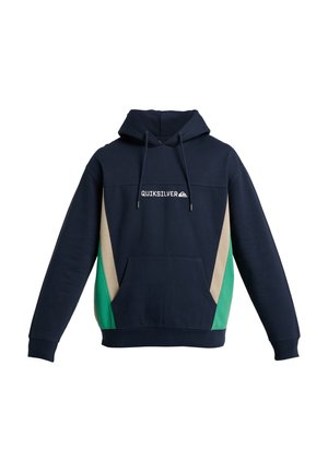 Granatowa bluza z kapturem z kontrastowymi beżowymi i zielonymi panelami bocznymi, dużą przednią kieszenią oraz białym logo "Quiksilver" na piersi. Materiał z mieszanki bawełny.