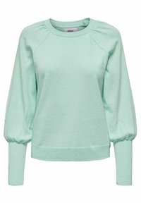 Pull-over vert menthe avec un col rond, des manches longues bouffantes, des poignets côtelés et une finition texturée. Confectionné en tissu doux.
