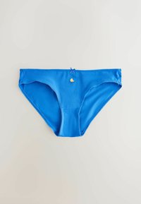 Sous-vêtements féminins bleus avec petit motif banane jaune et nœud bleu sur fond clair uni.