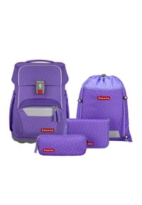 Lila Schulranzen-Set, bestehend aus einem Haupt-Rucksack, einem Beutel mit Kordelzug, einem Federmäppchen und einem Ordner, mit einem Punktenmuster und reflektierenden Akzenten.