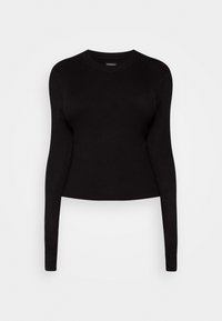 Schwarzes, geripptes Langarm-Strickoberteil mit Rundhalsausschnitt und cropped Saum. Verfügt über eine strukturierte Oberfläche und eine taillierte Silhouette.
