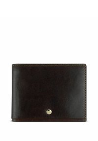 Portafoglio in pelle marrone scuro con una texture liscia, caratterizzato da un bottone con logo dorato e cuciture a contrasto lungo i bordi.