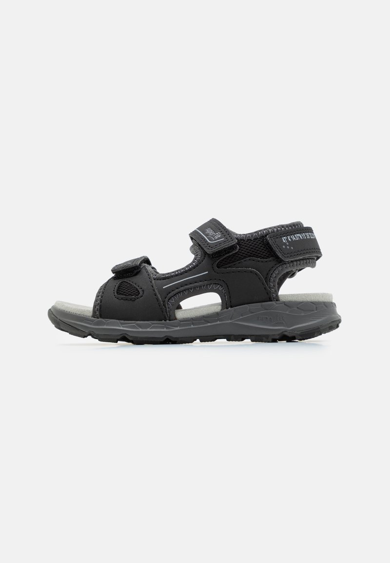 Svarte sandaler med borrelåslukking, syntetisk overdel, teksturert såle og åpent design, med polstret innersåle og forsterkede sømmer.
