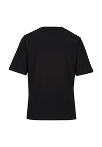 Zwarte katoenen t-shirt met een ronde halslijn, korte mouwen en een rechte snit. De stof heeft een gladde textuur zonder patronen of accenten.