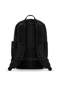 Mochila negra con respaldo acolchado y correas ajustables, que cuenta con paneles texturizados y compartimentos con cremallera para el almacenamiento. Diseño compacto.