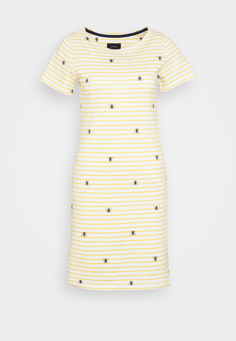 Robe à rayures, à manches courtes, blanche et jaune, avec un col rond, ornée de petits motifs d'abeilles uniformément répartis sur le tissu.