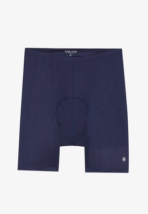 Jūras zila sporta šorti, kas izgatavoti no gludas, vieglas auduma. Iezīmēta ar formētu kabatu un mazu logotipu uz apakšējā kājas daļas.