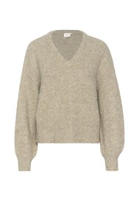 Svetr s véčkovým výstřihem a volným střihem v jemné béžové přízi. Má žebrovaný lem a manžety s texturovaným povrchem a nabízí uvolněnou siluetu.