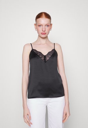 Camisola nera in satin con spalline regolabili e un delicato dettaglio in pizzo a V. Tessuto liscio con una vestibilità comoda.
