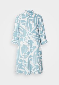 Robe boutonnée longueur genou, manches 3/4, motif géométrique abstrait bleu clair et blanc, avec un col.