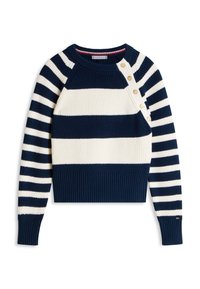 Πουλόβερ με ρίγες σε ναυτικό μπλε και εκρού, με πλεκτή υφή, στρογγυλή λαιμόκοψη και πλευρικά κουμπιά. Διαθέτει μακριά ραγκλάν μανίκια και κοντή εφαρμογή.