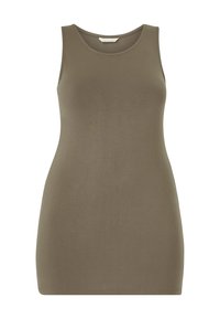 Khaki bezrukávový top s kulatým výstřihem. Vyrobeno z hladkého, elastického bavlněného materiálu. Jednoduchý, přiléhavý design s rovnými lemy.