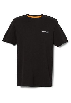 Schwarzes Timberland T-Shirt mit kurzen Ärmeln, rundem Ausschnitt und kleinem Logo-Patch auf der linken Brust.