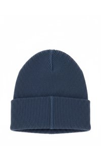 Knitted dark blue beanie hat featuring a ribbed texture and a folded cuff at the bottom, ideal for warmth and comfort.