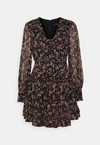 Robe noire à fleurs avec de longues manches transparentes, décolleté en V, détails froncés, jupe à volants superposés et subtils accents en dentelle.