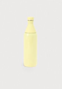 Bouteille d'eau réutilisable jaune mat avec bord argenté sur un bouchon à vis, présentée sur un fond gris clair uni.