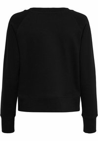 Sudadera negra con mangas raglán largas, cuello redondo acanalado y puños acanalados. Textura suave, diseño simple, sin hardware visible.