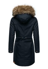 Navy parka with fur-lined hood, cinched waist, long sleeves, and button accents. Fabric appears smooth and durable for cold weather.