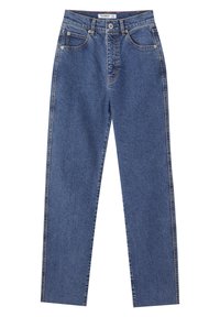 Jean en denim bleu clair avec une coupe droite, cinq poches et des surpiqûres contrastantes. Le tissu présente une légère texture et une bonne durabilité.