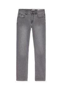 Gray denim jeans with a straight cut, five-pocket design, and a classic button closure. Features subtle fading and stitch detailing.