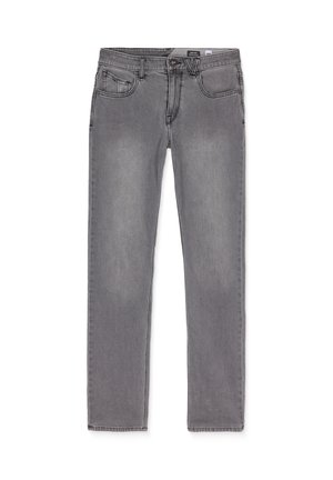 Graue Jeans aus Denim mit geradem Schnitt, Fünf-Taschen-Design und klassischem Knopfverschluss. Mit dezentem Verblassen und genähten Details.