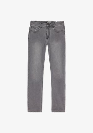 Jeans en denim gris avec une coupe droite, un design à cinq poches et une fermeture à bouton classique. Présente un léger délavage et des détails de couture.