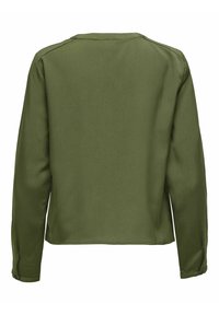 Green long-sleeve blouse with a smooth texture, rounded neckline, and side slits at the hem. Features minimal stitching detail.