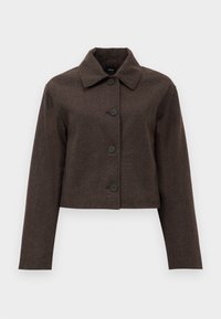Veste marron texturée boutonnée avec manches longues et col pointu, raccourcie à la taille.