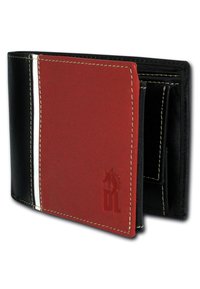 Black leather wallet featuring a red leather accent with white stitching. Inside compartments for cards and cash, displaying detailed craftsmanship.