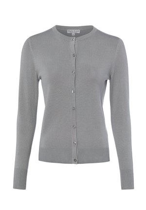 Hellgrauer, langärmliger Cardigan mit Knöpfen, mit gerippten Bündchen und Saum und einem runden Ausschnitt, dargestellt vor weißem Hintergrund.