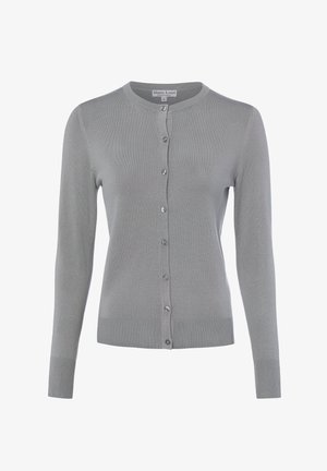 Hellgrauer, langärmliger Cardigan mit Knöpfen, mit gerippten Bündchen und Saum und einem runden Ausschnitt, dargestellt vor weißem Hintergrund.