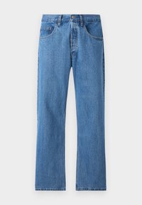 Blaue Denim-Jeans mit geradem Beinschnitt, fünf Taschen, Knopfverschluss und dezentem Verblassen. Mit standardmäßiger Nahtverarbeitung und einem Bund mit Gürtelschlaufen.
