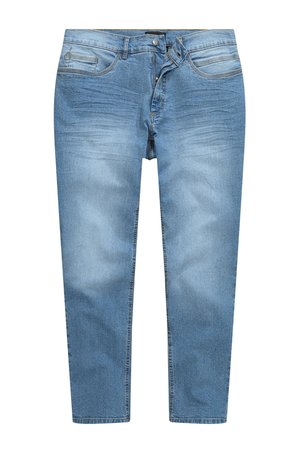 Jean en denim bleu clair avec une coupe droite, doté d'un bouton et d'une fermeture éclair à l'avant, ainsi que de deux poches avant avec des accents cousus.