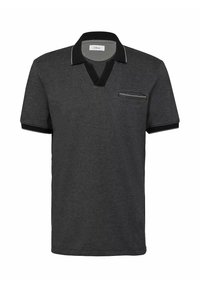 Graues Polohemd mit schwarzem Kragen und kontrastierendem Saum, ausgestattet mit einer kleinen Brusttasche. Hergestellt aus einem glatten, leichten Material.
