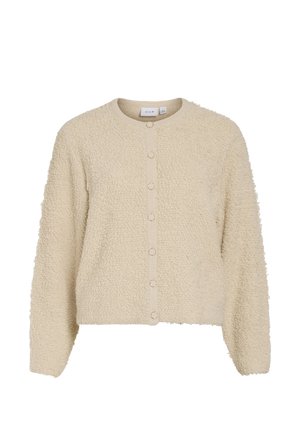 Beige, texturerad cardigan med rund hals och knappstängning, i ett mjukt, luddigt tyg och ribbade muddar. Croppad längd.