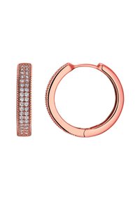 Ohrringe aus roségold mit strukturiertem Band, versehen mit kleinen, klaren Kristallen, die in vertikaler Anordnung gesetzt sind. Glatte Oberfläche und ein sicherer Verschluss.